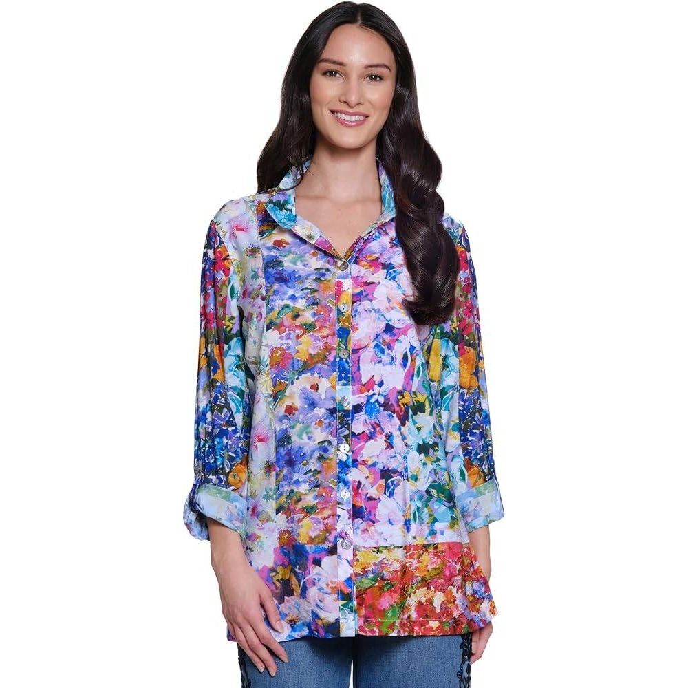 John Mark Button Down Shirt Womens 3X Multicolor Floral Patchwork wire collar